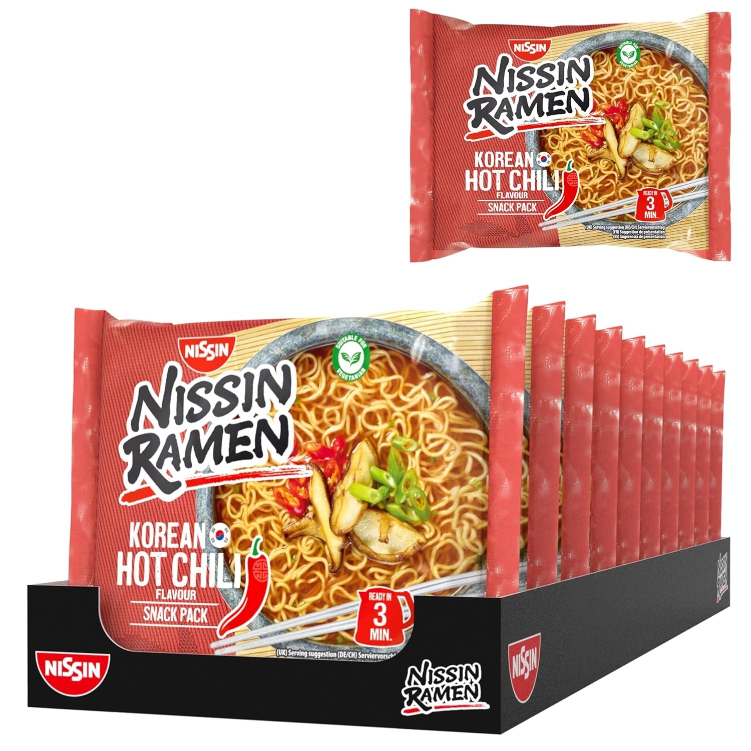 Nissin Ramen - Chile Picante Coreano Paquete de 10 Fideos Instantáneos Estilo Asiático Basados ​​en una Receta Coreana Comida Asiática Rápida y Fácil de Preparar (10 x 65,2g)