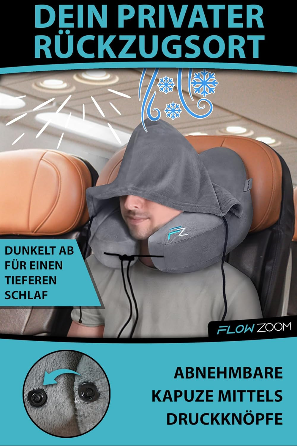 FLOWZOOM AIR Almohada Inflable para el Cuello con Capucha - Almohada para el Cuello de Avión - Almohada de Viaje - Almohada para el Cuello de Viaje Inflable Rápido - Almohada para Avión - Almohada de Viaje - Almohada para el Cuello para Adultos (Gris) Almohadas Ortopédicas Cervicales Naty Shop