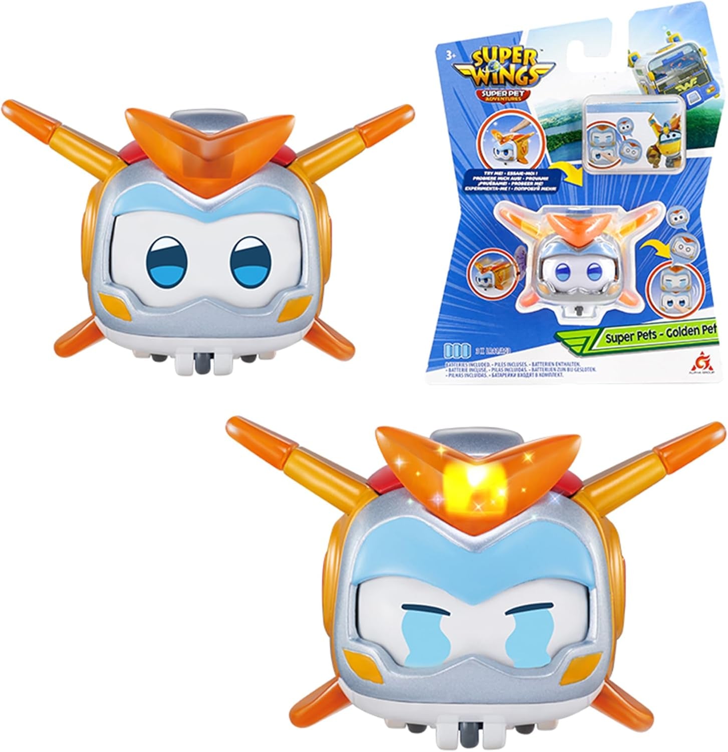 Super Wings Super Pets 4 piezas Shine, Golden Boy, Jerome, Ellie Expresión facial intercambiable Efecto relámpago Juguete portátil para niños de 3 4 5 6 7 8 años Figuras de acción de 2 pulgadas Naty Shop Golden Boy