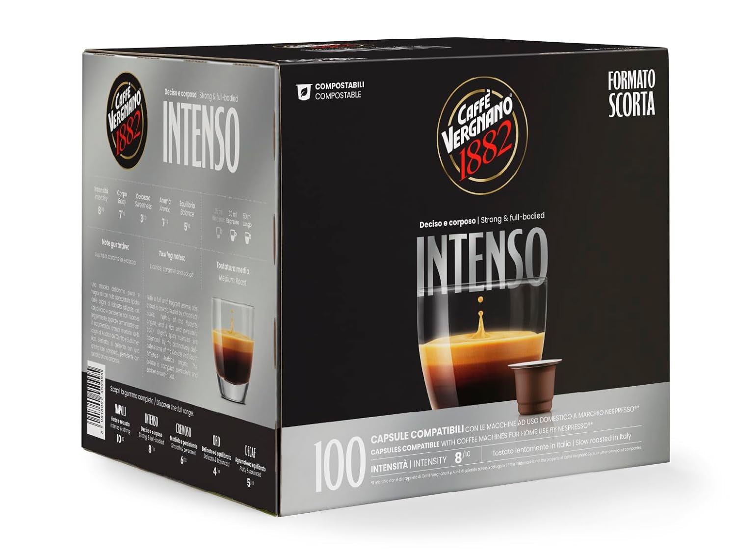 Caffè Vergnano 1882 - Èspresso Kompostierbare Kaffeekapseln , Compatible con Nespresso, Intenso (Intenso) - Packung Enthält 100 Kapseln