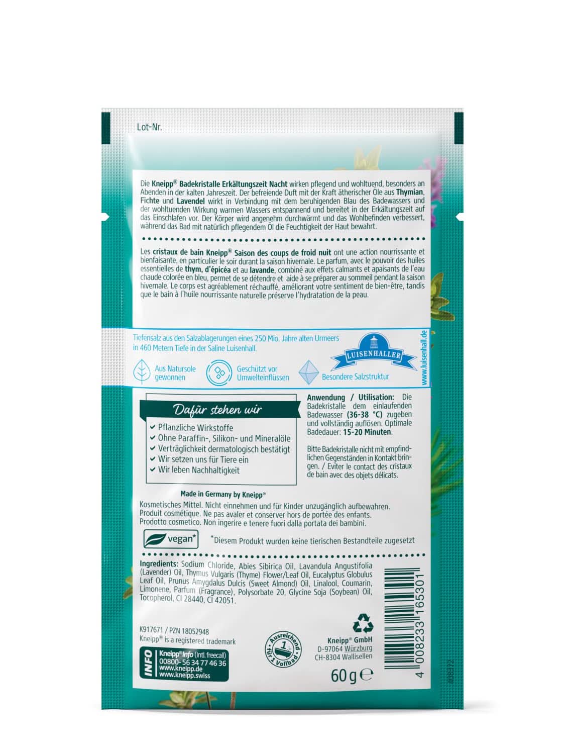 Kneipp Sales de Baño Naturales de las Salinas Luisenhall con Aceites Esenciales de Lavanda, Tomillo y Abeto - Relajado para Dormir en las Épocas Frías - 60 Gramos Ducha y Baño Naty Shop