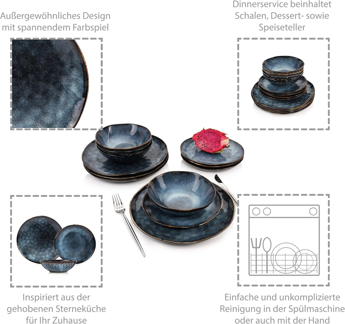 SANGER | Juego de vajilla Tokyo Juego de vajilla de gres de 12 piezas para 4, incluidos platos llanos, platos de postre y tazones, azul oscuro con detalles en negro | LA COLECCIÓN PREMIUM