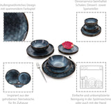 SANGER | Juego de vajilla Tokyo Juego de vajilla de gres de 12 piezas para 4, incluidos platos llanos, platos de postre y tazones, azul oscuro con detalles en negro | LA COLECCIÓN PREMIUM