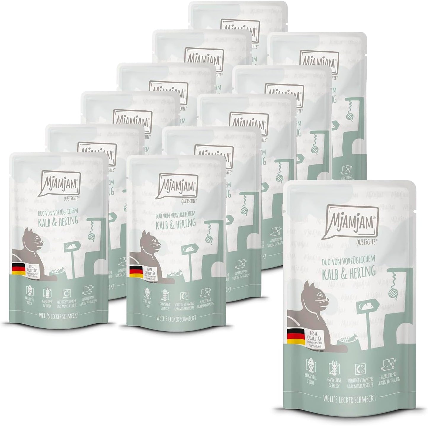 MjAMjAM - Comida húmeda premium para gatos - Bolsa exprimible - DUO con ternera refinada y arenque, paquete de 12 (12 x 125 g), sin cereales