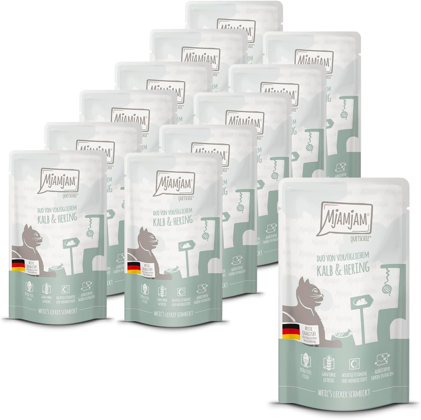 MjAMjAM - Comida húmeda premium para gatos - Bolsa exprimible - DUO con ternera refinada y arenque, paquete de 12 (12 x 125 g), sin cereales