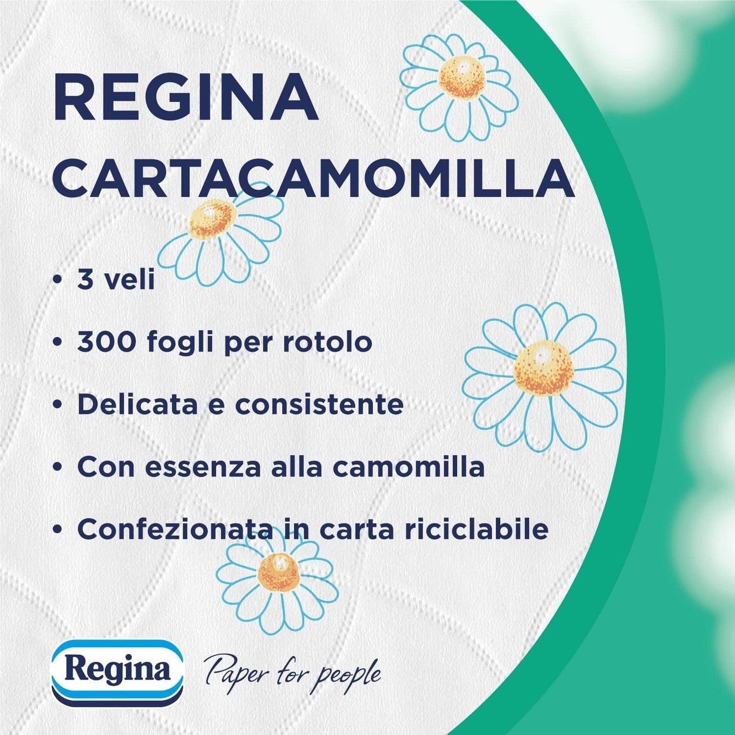 Regina Cartacamomilla - 8 Rollos de Papel Higiénico, 300 Hojas Esponjosas, 3 Capas, Suave y Firme, Envase de Papel Reciclable