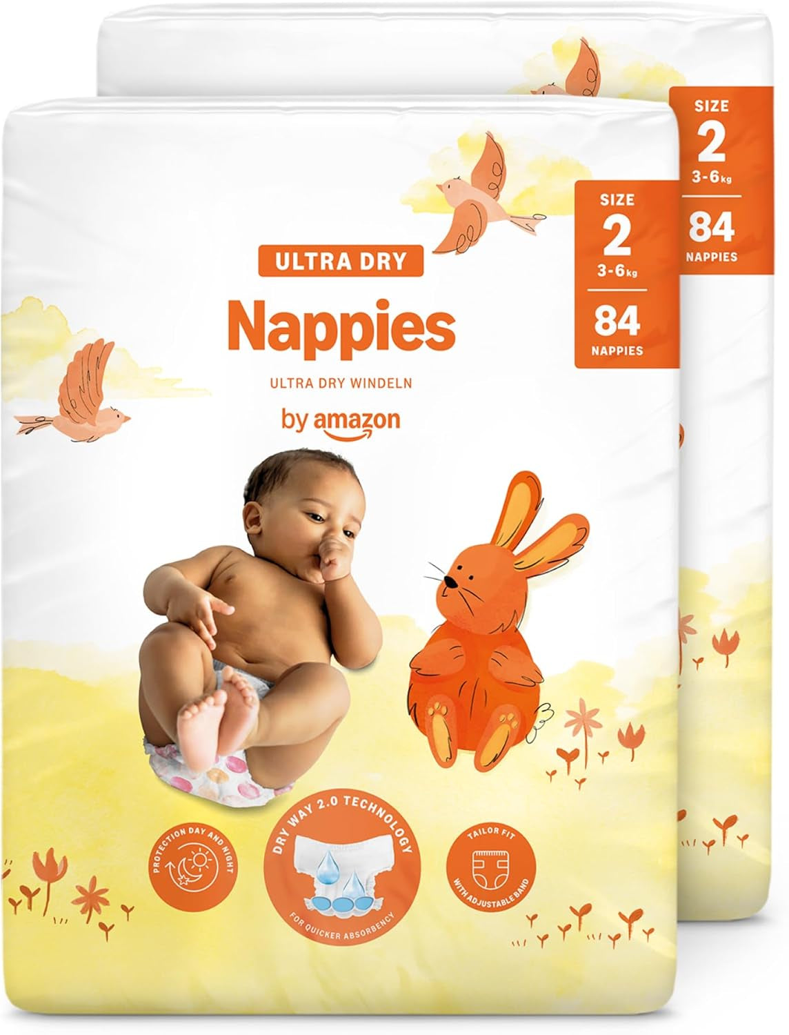 Pañales Amazon Ultra Dry, tamaño 1 (2-5 kg) - Caja mensual, blanco, 96 unidades (2 paquetes de 48) (anteriormente marca Mama Bear, producto idéntico)