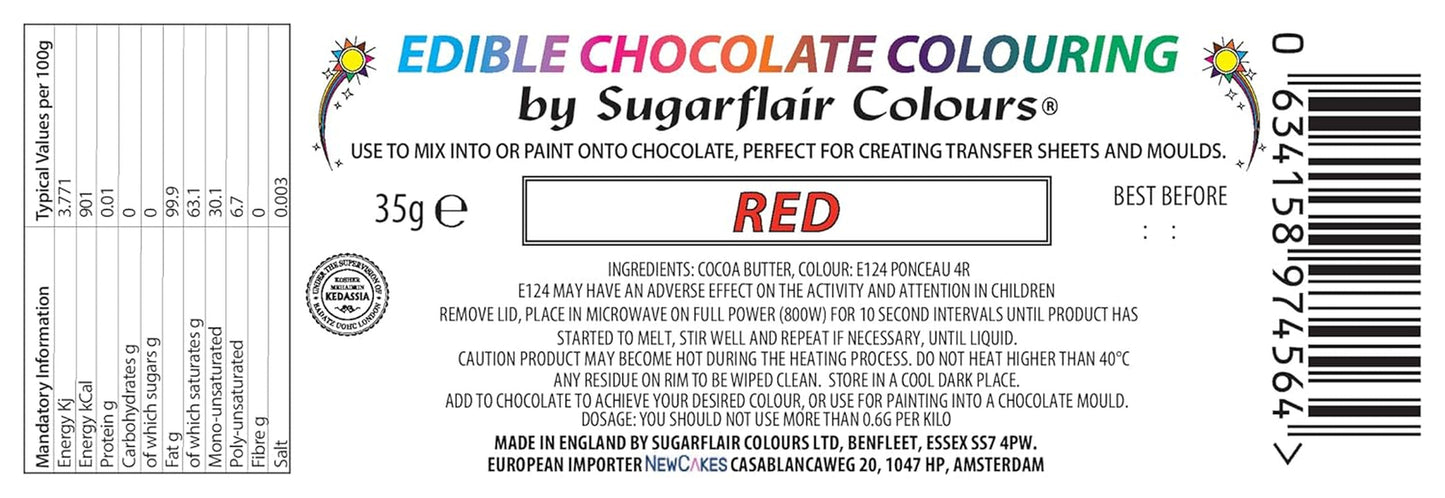 Colorante alimentario Sugarflair Chocolate Colorante alimentario para chocolate rojo - Manteca de cacao orgánica coloreada, colorante de chocolate para colorear chocolate, bombones - 35g