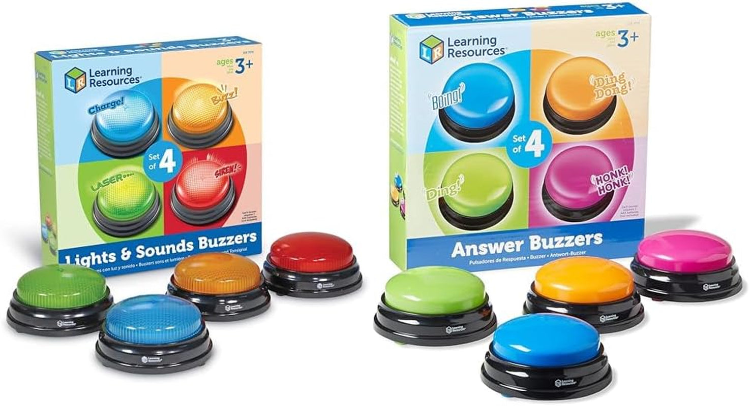 Learning Resources Light & Sound Buzzer Juegos educativos para edades de 3 años en adelante Juguete de preguntas para niños con 4 sonidos diferentes para noches de juegos y aulas Juguetes Bebe Naty Shop Answer Buzzer Pack Set de 4