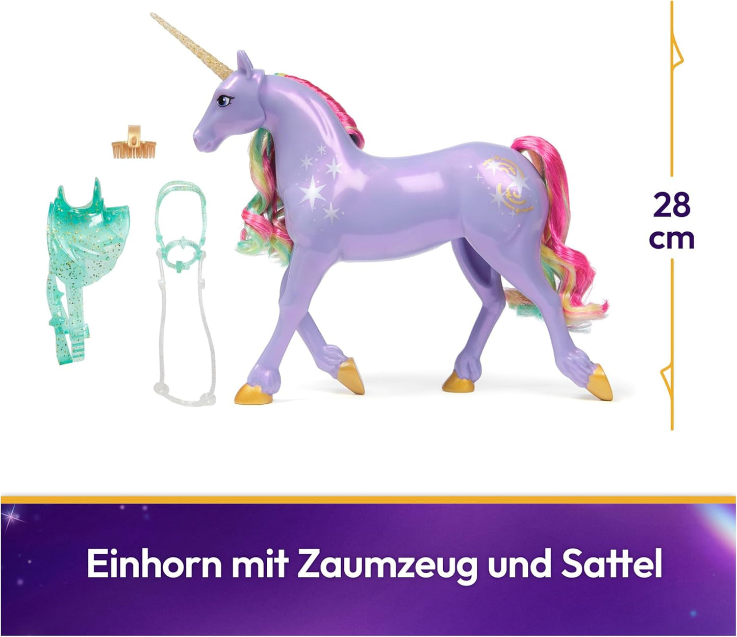 Wildstar Unicorn de Unicorn Academy: unicornio Sophia original de 28 cm de altura de la serie de Netflix con melena y cola reales, brida, silla y cepillo extraíbles, para edades de 4 años en adelante