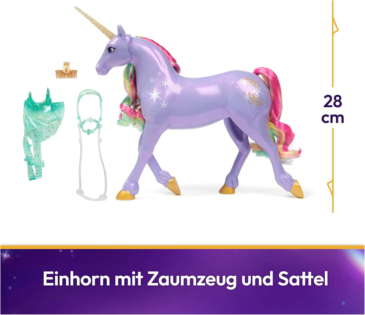 Wildstar Unicorn de Unicorn Academy: unicornio Sophia original de 28 cm de altura de la serie de Netflix con melena y cola reales, brida, silla y cepillo extraíbles, para edades de 4 años en adelante