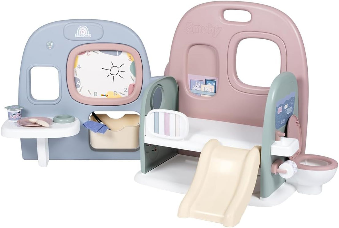 Smoby - Cuidado del bebé Guardería de muñecas - Centro de juegos para muñecas Guardería + Guardería Vida cotidiana - Zona de juegos plegable con rotación de 360° - 6 accesorios - Fabricado con un 90% de material reciclado en Francia, a partir de 3 años