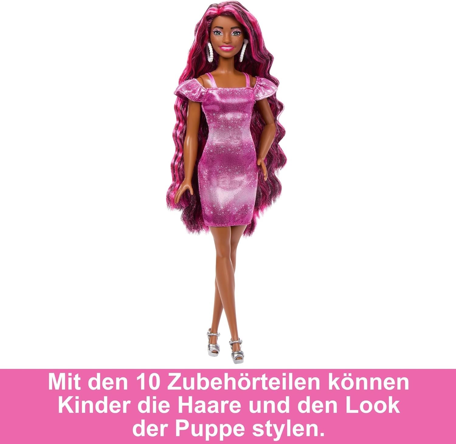Muñeca Barbie con cabello divertido y elegante, cabello negro colorido extralargo y vestido rosa brillante, 10 peinados y accesorios de moda JDC86