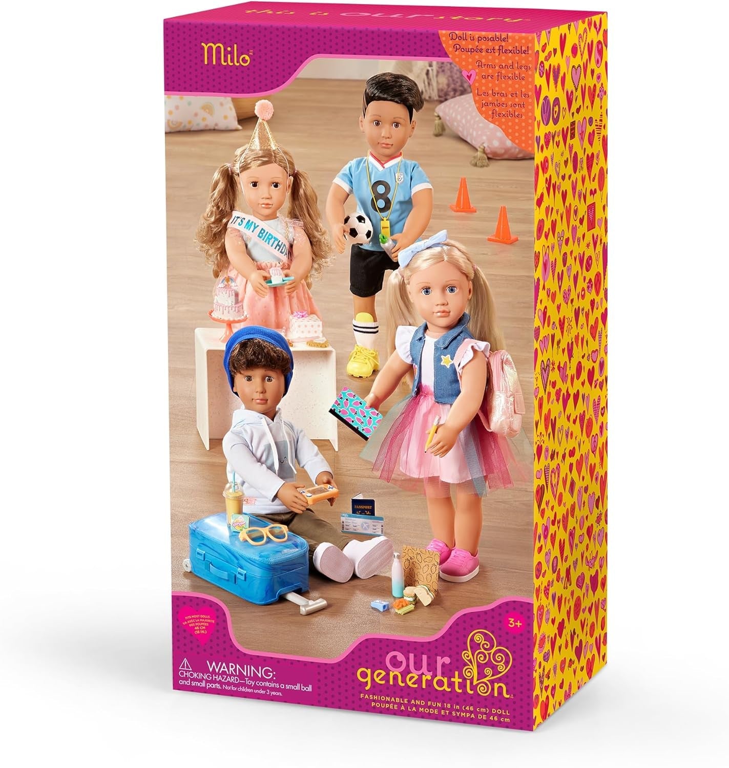 Our Generation - Milo - Muñeco de 46 cm - Ojos marrones realistas y pelo castaño rizado - Equipaje con ruedas y accesorios de viaje - Juego de simulación - Juguete para edades de 3 años en adelante