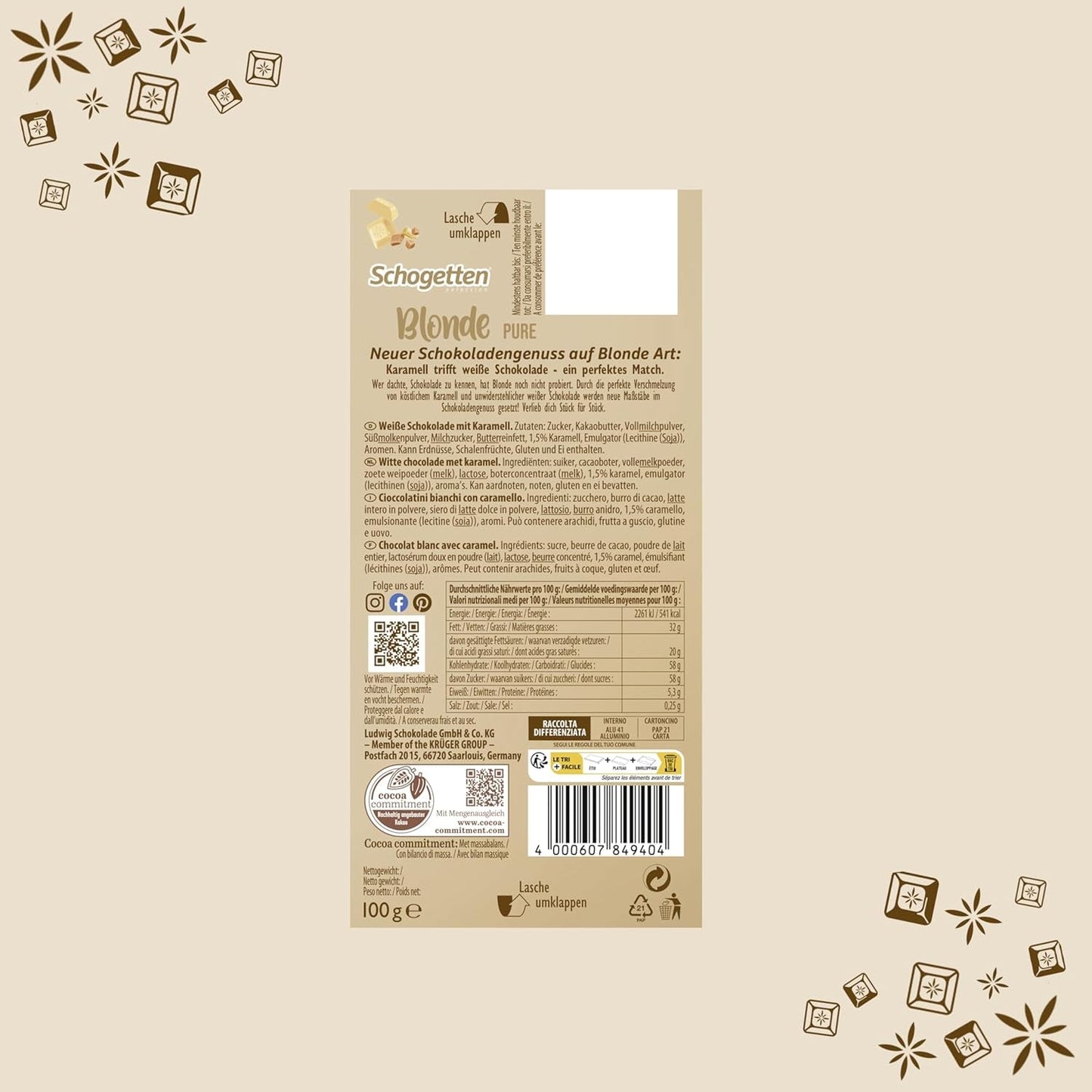 Schogetten Blonde Pure I chocolate blanco con caramelo I 100 g I en porciones individuales (paquete de 2)