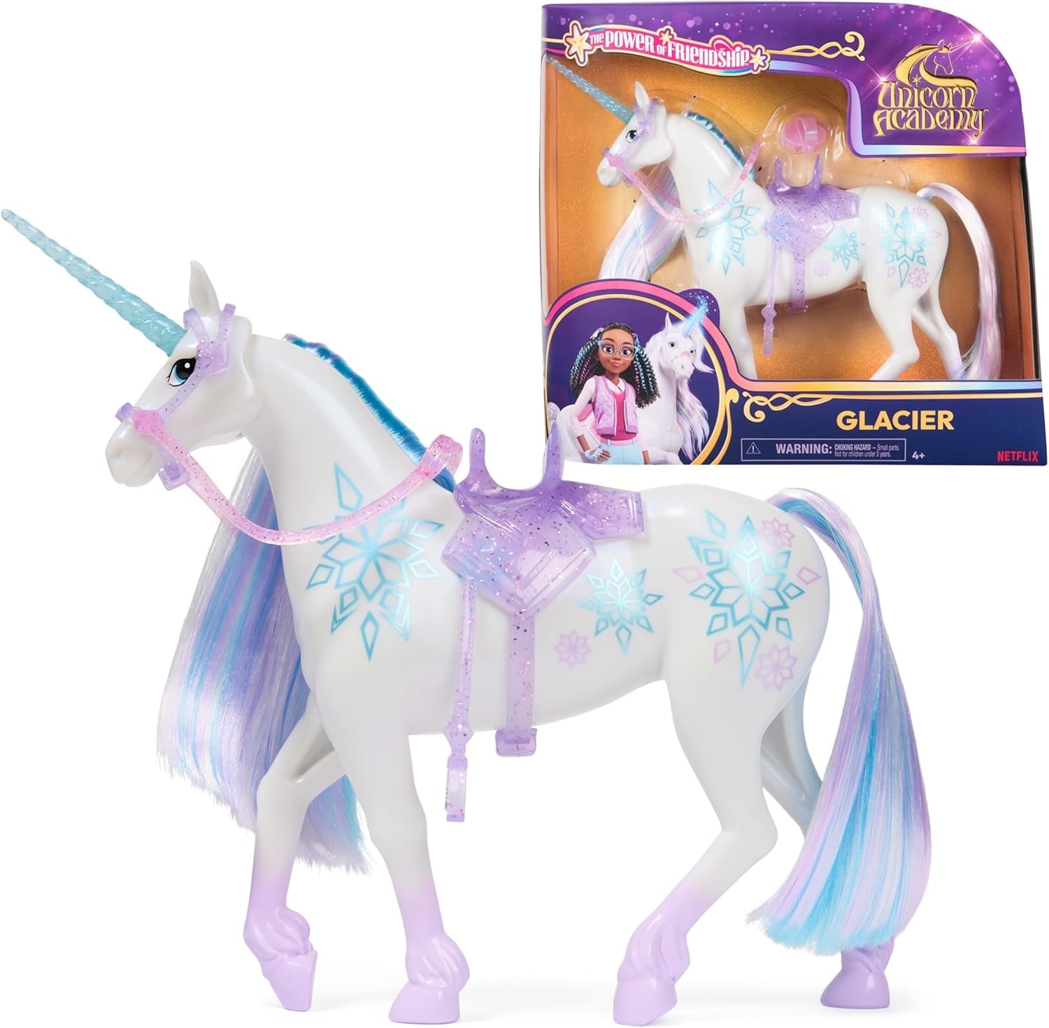 Unicorn Academy Unicorn Glacier: 28 cm de altura, el unicornio original de Netflix de Layla con melena y cola reales, brida, silla y cepillo extraíbles, para edades de 4 años en adelante