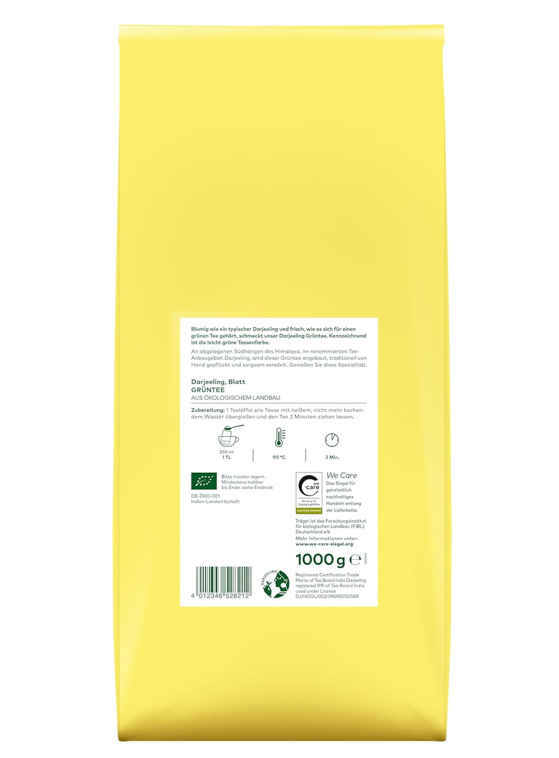 Lebensbaum Darjeeling Té verde de hoja entera, té orgánico, té verde con sabor a flor fresca, color verde claro, 1000 g
