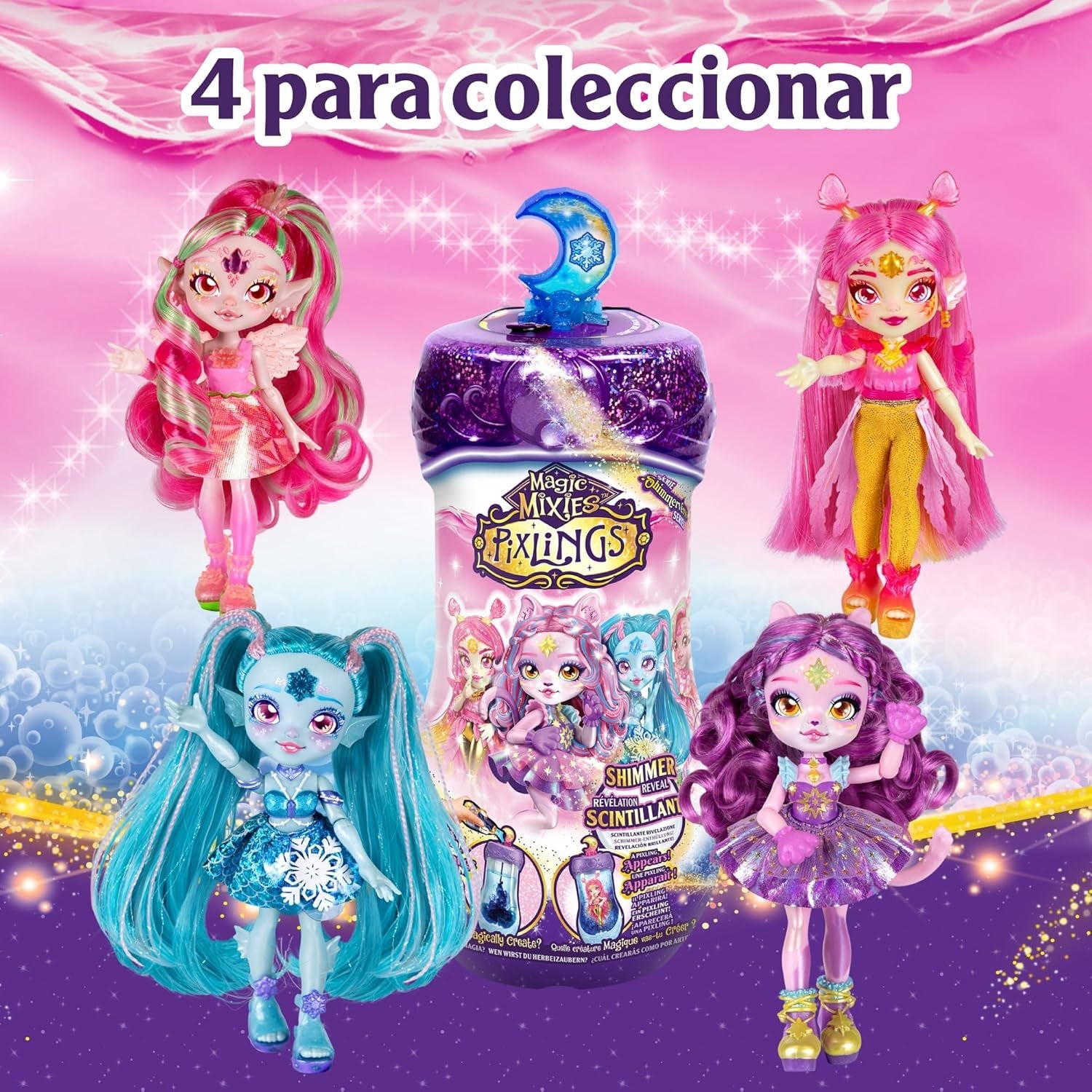 Pixlings Muñecas mágicas, 4 muñecas surtidas - 2 nuevas - Muñeca de moda de 15 cm - Pociones mágicas - Juguete de pociones secretas (MG101000)