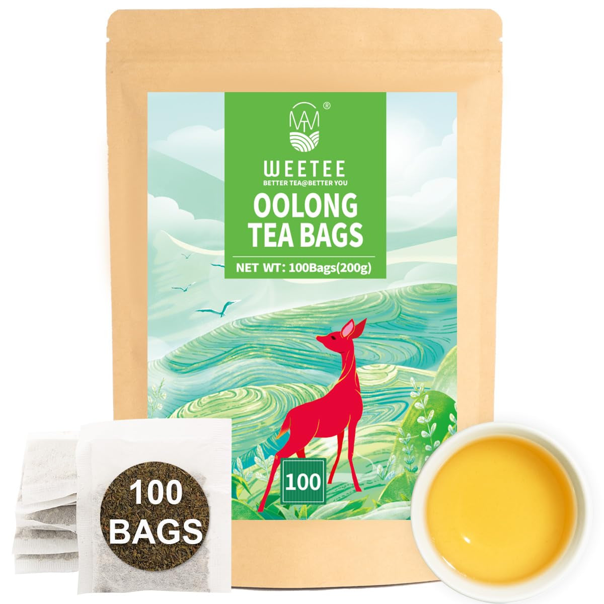 WEETEE Bolsitas de té verde, 100 piezas de bolsitas de té verde, té verde puro, súper antioxidante | Bolsitas resellables | Preparación fría o caliente