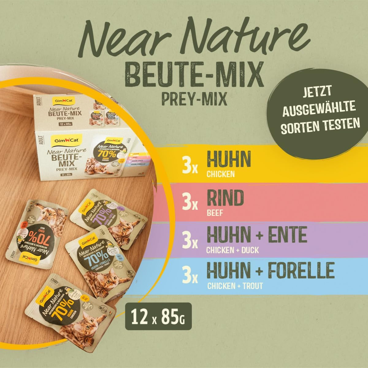 GimCat Near Nature Trial Mix 12 Pack - Alimento húmedo sin cereales para gatos a partir de 7 meses con una receta apropiada para su especie y presa específica - 12 sobres (12 x 85 g)