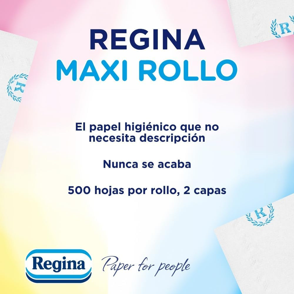 Regina Maxi Roll: 4 rollos de papel higiénico, 500 hojas de 2 capas por rollo, más de tres veces un rollo estándar, embalaje de plástico 60 % reciclado, papel 100 % certificado Fsc