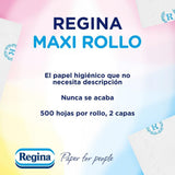 Regina Maxi Roll: 4 rollos de papel higiénico, 500 hojas de 2 capas por rollo, más de tres veces un rollo estándar, embalaje de plástico 60 % reciclado, papel 100 % certificado Fsc