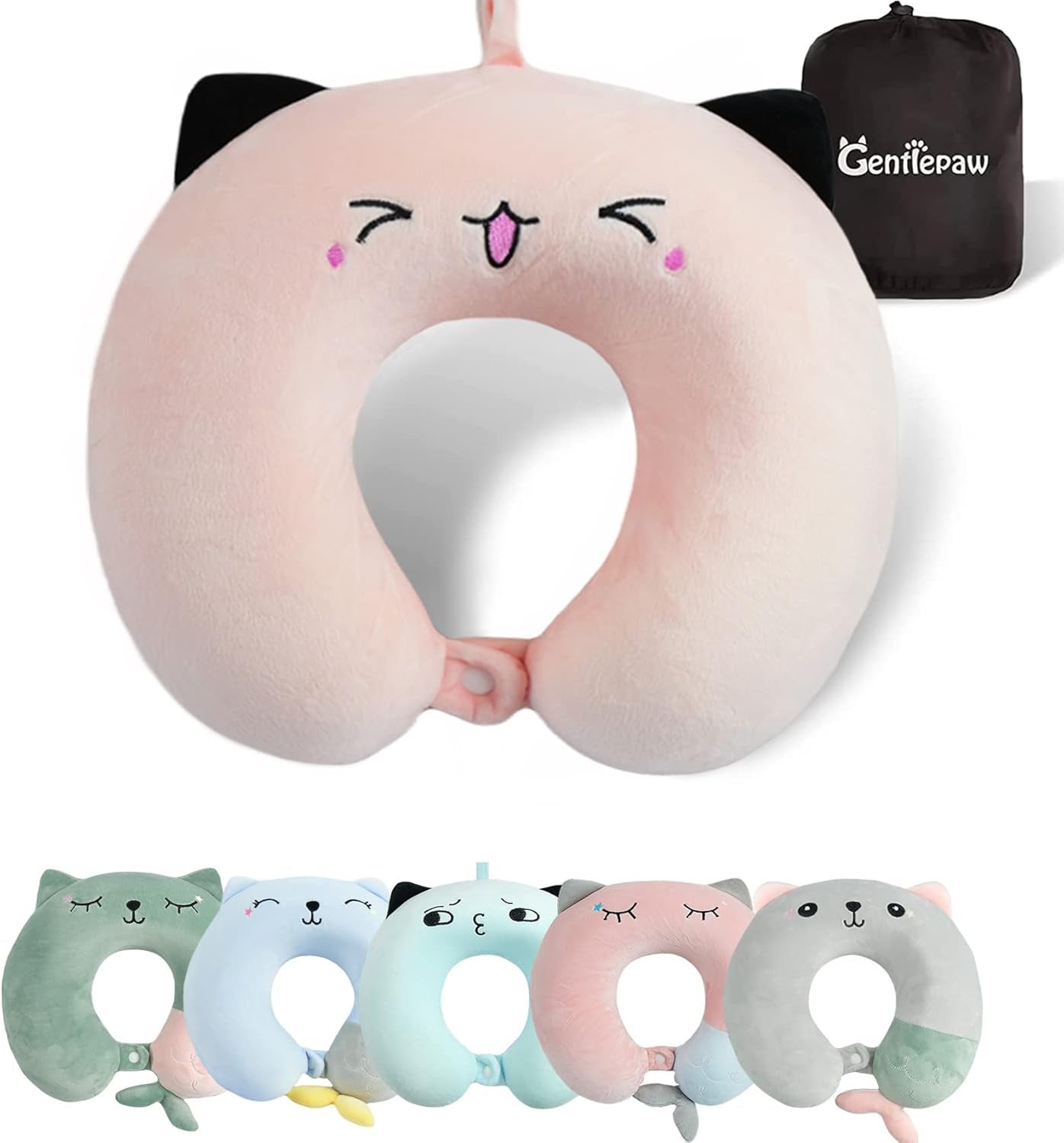 Almohada para el cuello, almohada para el cuello para niños para avión, coche, viaje en tren, almohada de viaje de espuma viscoelástica para adultos, almohada en forma de U con bonito patrón de animales, funda desmontable (Rosa2) Naty Shop Almohadas ortopédicas cervicales Rosa2