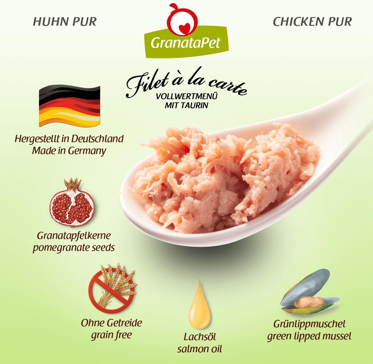 GranataPet Filet a la carta Pollo PURE, comida húmeda para gatos, trozos de filete sin cereales, comida para gatos sin azúcares añadidos, alto contenido en carne, 6 x 85 g