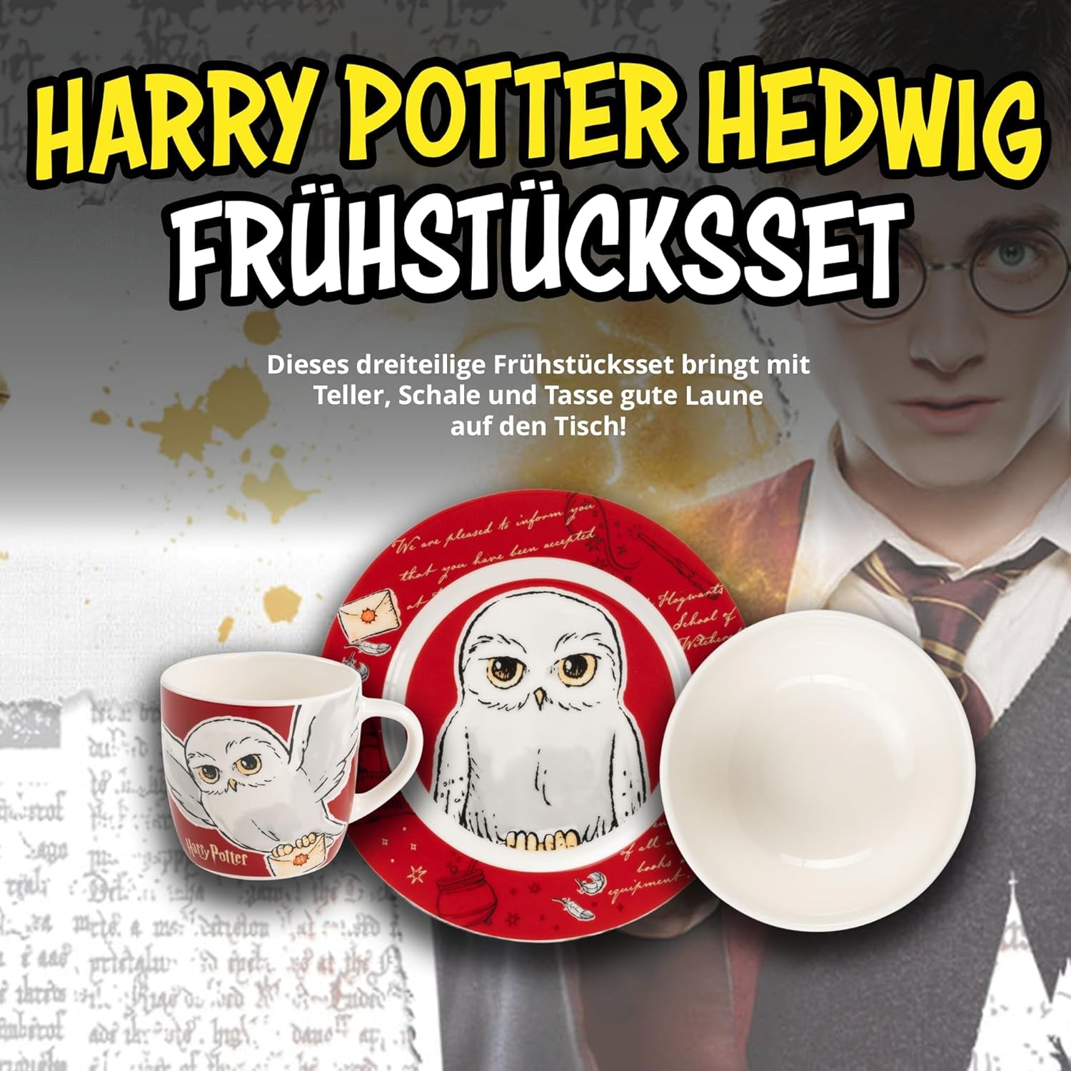 Harry Potter vajilla 3 piezas roja, vajilla de porcelana con plato Ø 19 cm, taza 220 ml y bol 330 ml, vajilla