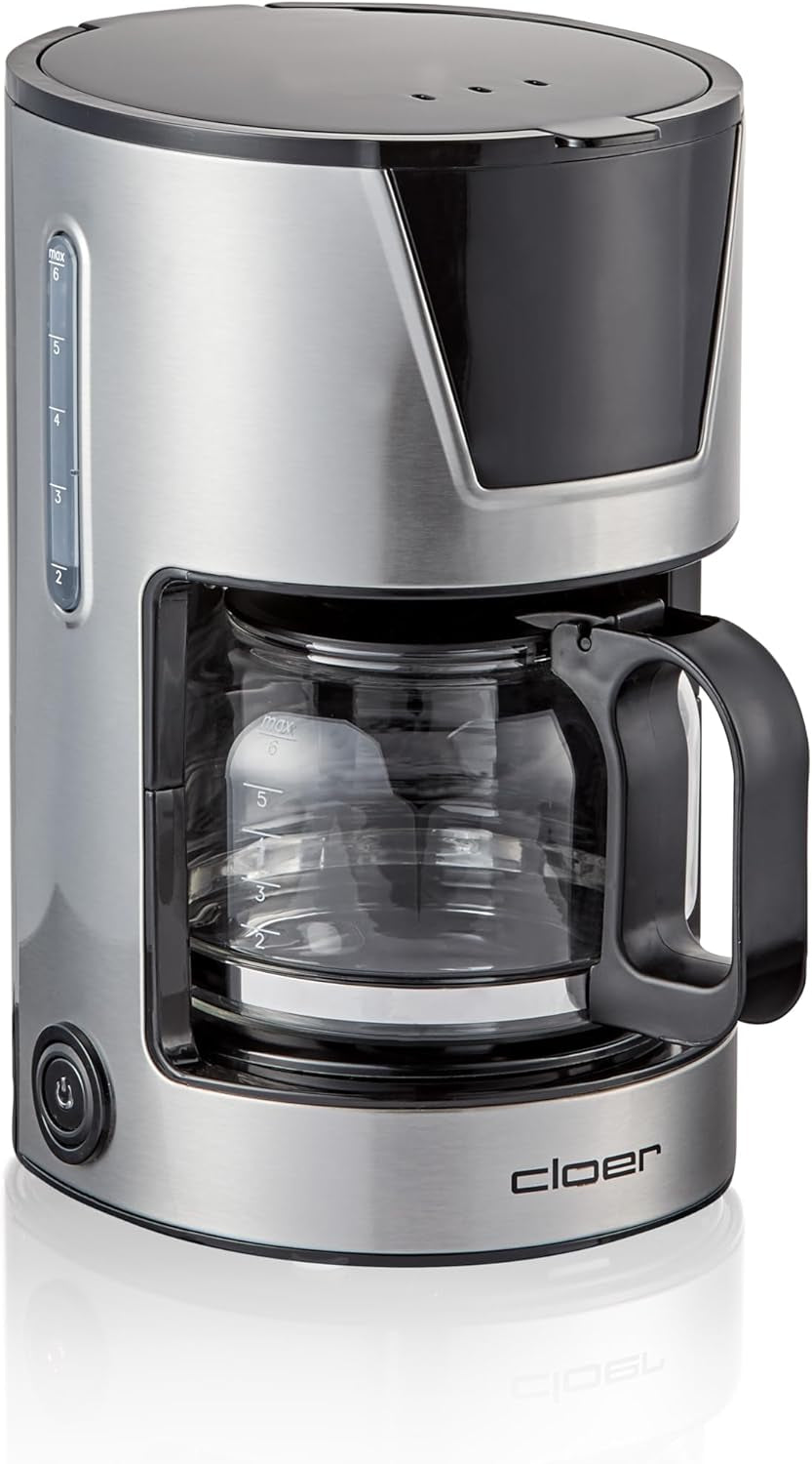 Cloer Cafetera espresso con filtro de 6 tazas, Función suave para mantener caliente, Jarra de vidrio, Cuchara medidora, Indicador de nivel de agua, Sistema antigoteo, Apagado automático, Tamaño del filtro 1x2, 550W, Acero inoxidable