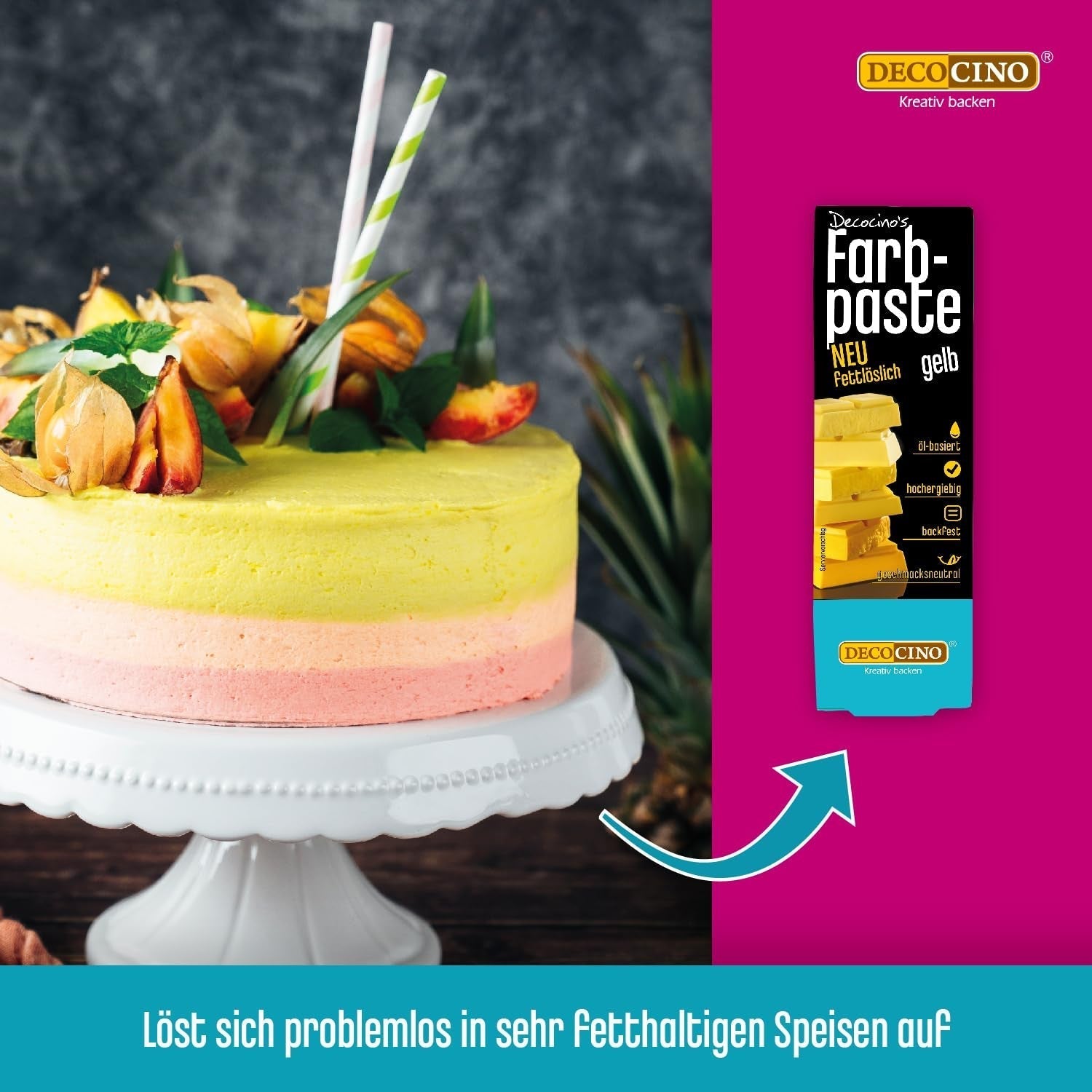 DECOCINO Colorante en pasta liposoluble Amarillo - 15 g - Colorante alimentario a base de aceite, ideal para colorear masa de chocolate, crema de mantequilla, fondant o galletas