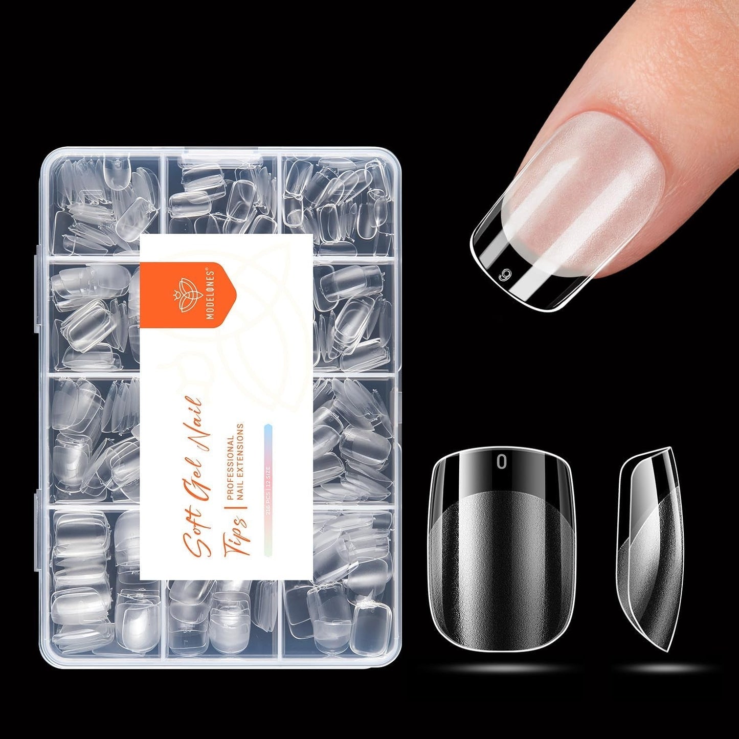 Modelones Puntas de Uñas 216 Piezas - Juego de Puntas de Uñas de Cobertura Completa, Juego de Puntas de Gel Suave, Puntas de Uñas de Resina PMMA Prepulido, Pegamento DIY en Uñas Artificiales, Almendras Cortas XS