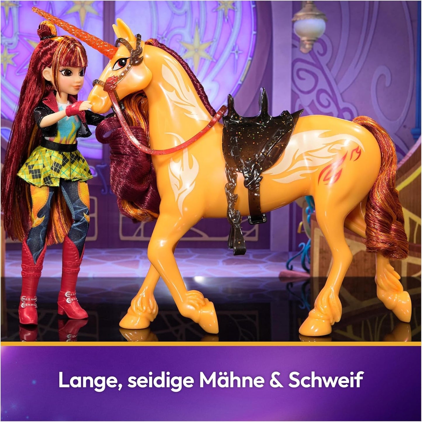 Unicorn Academy Cinder the Unicorn - Unicornio Valentina original de 28 cm de altura de la serie de Netflix, con melena y cola reales, brida, silla y cepillo extraíbles, para niños a partir de 4 años