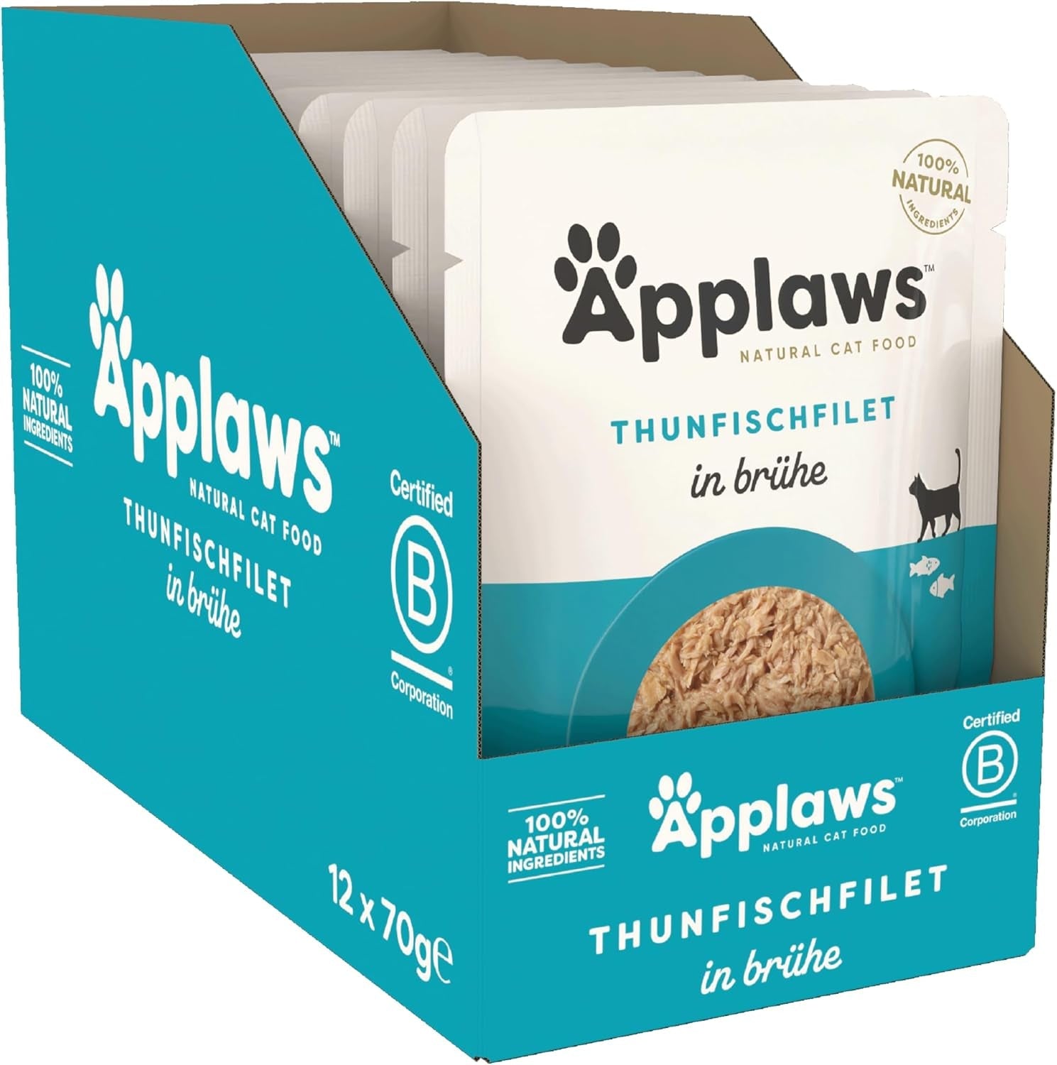 Applaws Comida Húmeda para Gatos 100% Natural Filetes de Atún en Caldo - Pack de 12 Sobres de 70g