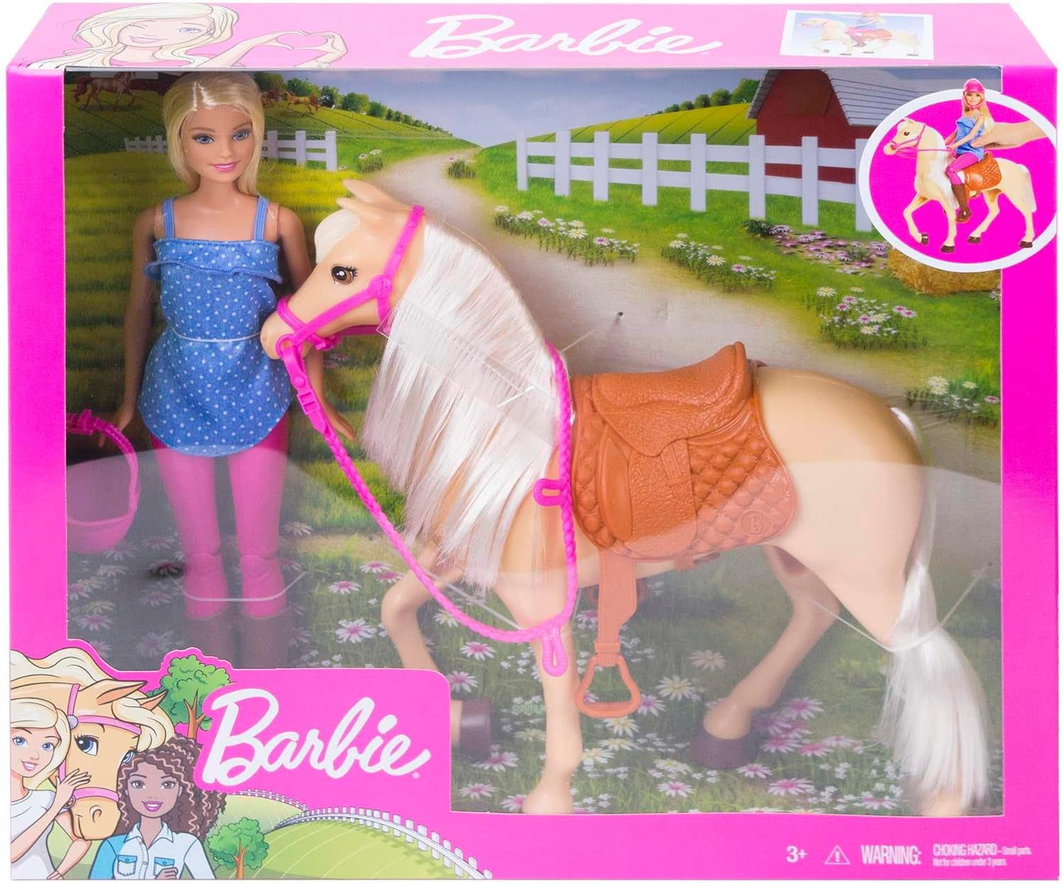 Muñeca Barbie y caballo de juguete, accesorios para montar, incluye 1 muñeca y 1 caballo, adecuado como regalo para niños a partir de 3 años, FXH13