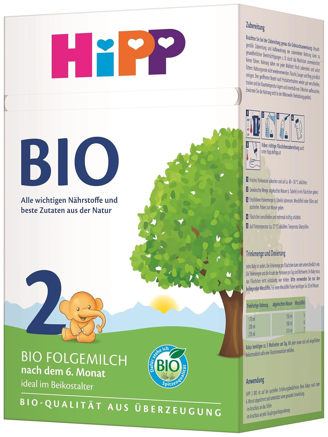 HiPP 2 Leche de continuación ecológica (4 x 600g), después de los 6 meses, con Omega-3 (DHA, ALA), calcio y almidón ecológico de fácil preparación, de la mejor calidad ecológica