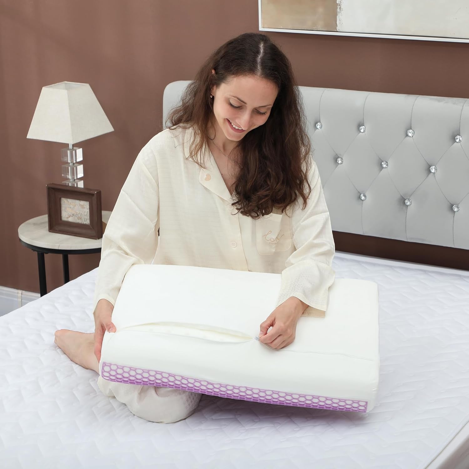 HOMCOM Almohada Viscoelástica Almohada Cervical con Funda Extraíble 2 Alturas Ergonómica 2S Responsive Almohada Cervical para Diferentes Posiciones para Dormir 60x40cm Crema Blanco