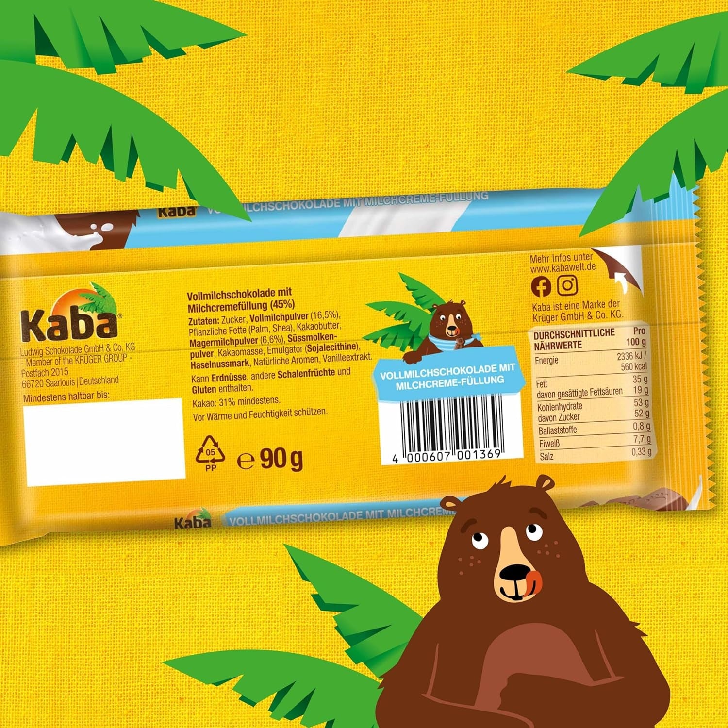 Kaba chocolate con leche entera y crema de leche, barra de chocolate rellena, barra de 90g, chocolate derretido en la boca con crema de leche ligera y sabor original Kaba