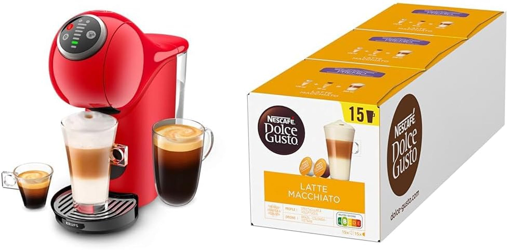 Máquina de cápsulas NESCAFÉ DOLCE GUSTO Krups KP3405 Genio S Plus | Espresso Boost, presión de bomba de 15 bares | Tanque de agua de 0,8 litros | 1500 vatios | Color Rojo con Latte Macchiato