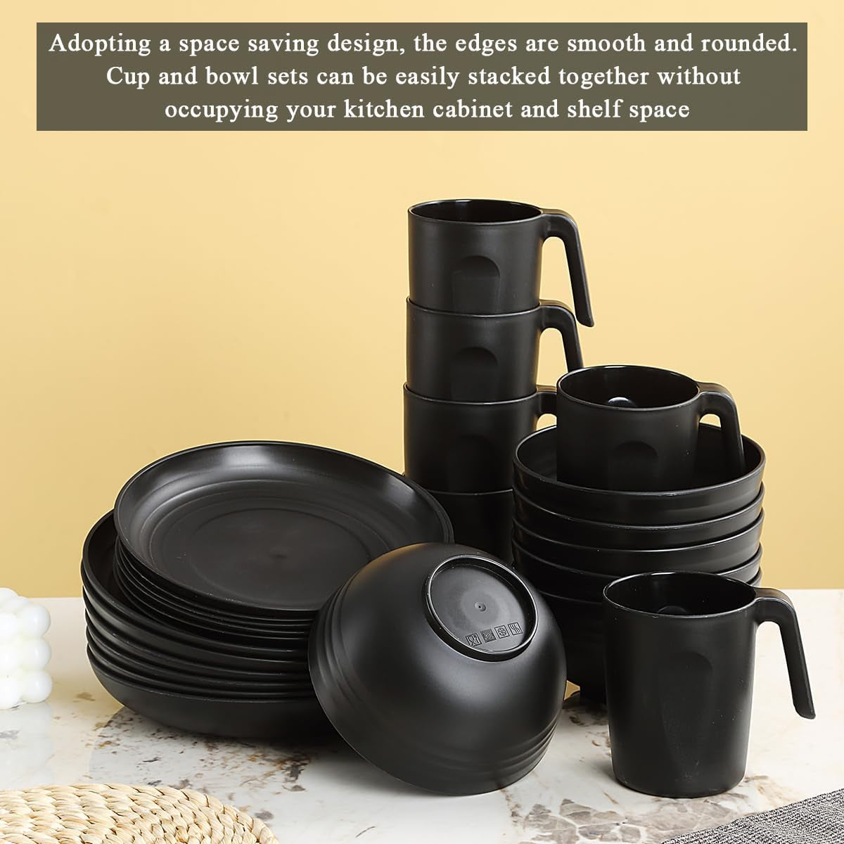 Berglander Juego de vajilla de plástico negro de 24 piezas para 6 platos y cuencos reutilizables, incluidos platos llanos, platos de postre, cuencos de cereales y tazas para el hogar, el jardín y el picnic