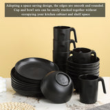 Berglander Juego de vajilla de plástico negro de 24 piezas para 6 platos y cuencos reutilizables, incluidos platos llanos, platos de postre, cuencos de cereales y tazas para el hogar, el jardín y el picnic
