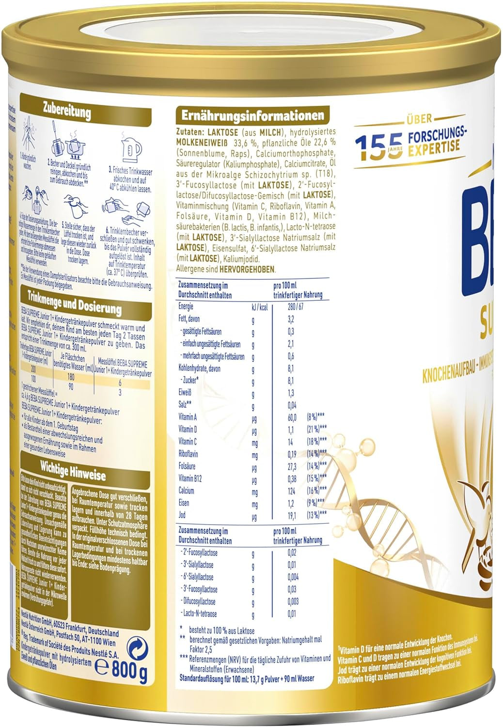 BEBA SUPREME JUNIOR 1 Plus - Bebida para niños a partir de 1 año, con complejo 6 HMO, sin lactosa, sin aceite de palma, sin aceite de pescado, comida para niños pequeños, leche en polvo para bebés, paquete de 6 (6 x 800g)