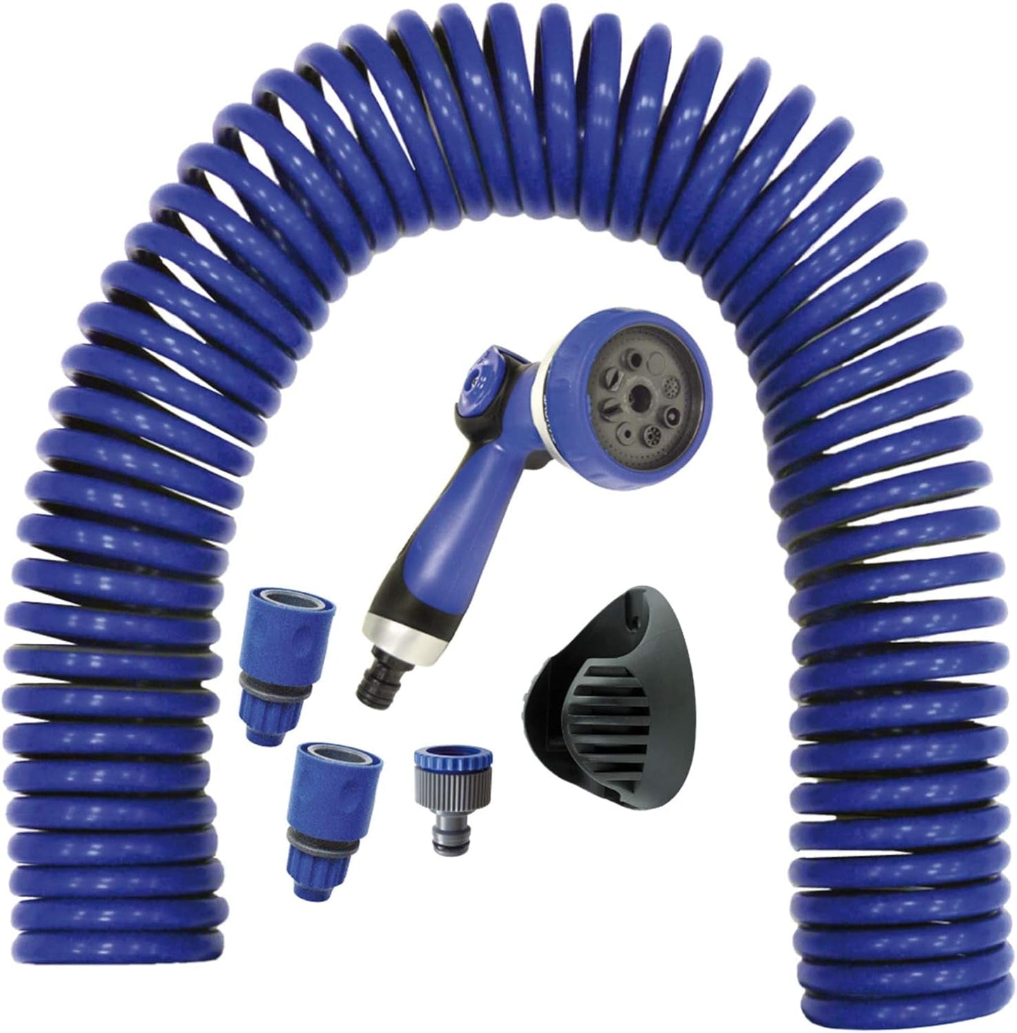590078 – Juego de manguera en espiral, azul, 15 metros (diámetro 9 mm) + pistola multifuncional con 8 boquillas + rosca interior automática con adaptador ¾-½ + 2 conectores rápidos + soporte para colgar