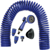 590078 – Juego de manguera en espiral, azul, 15 metros (diámetro 9 mm) + pistola multifuncional con 8 boquillas + rosca interior automática con adaptador ¾-½ + 2 conectores rápidos + soporte para colgar