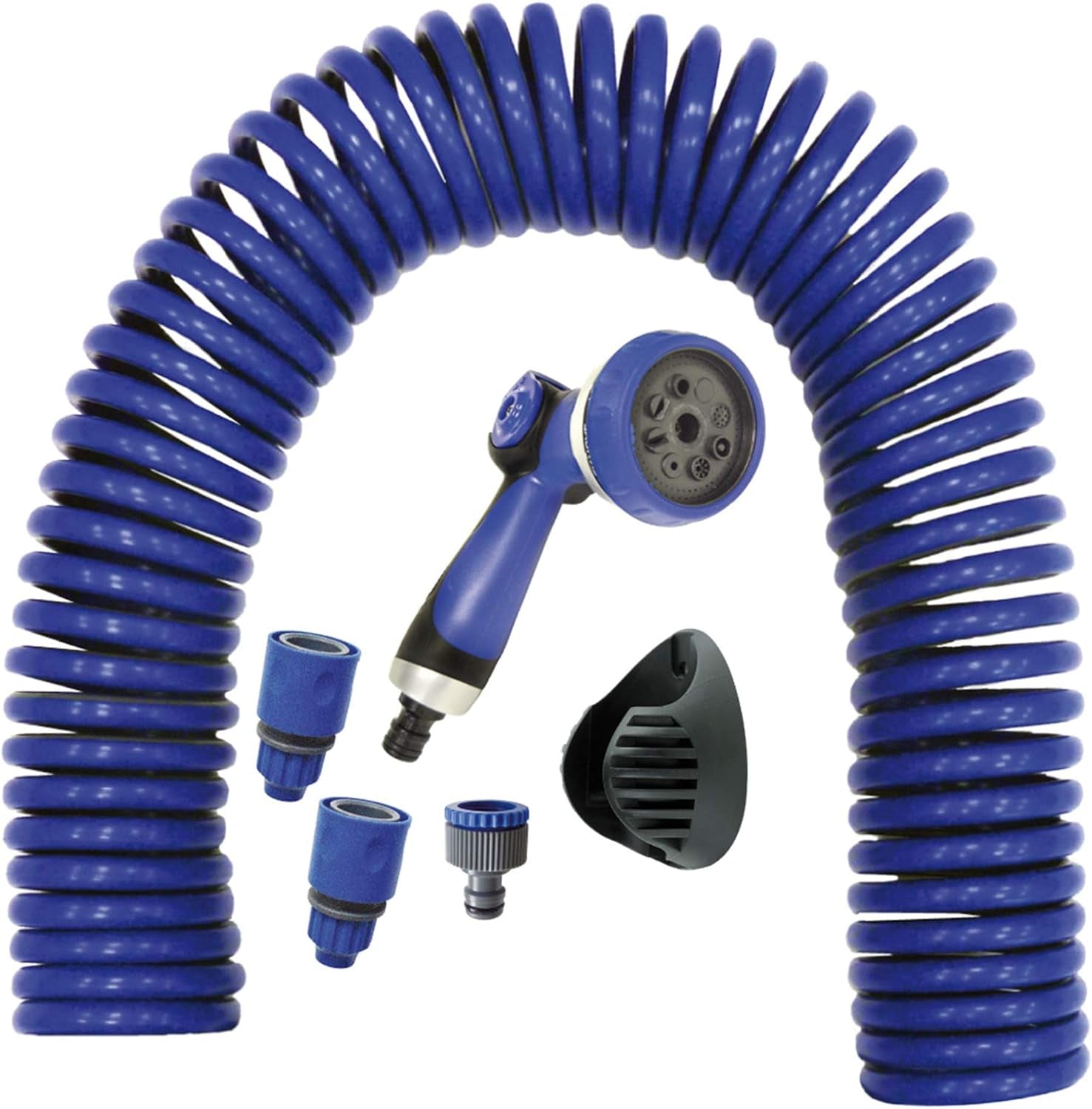 590078 – Juego de manguera en espiral, azul, 15 metros (diámetro 9 mm) + pistola multifuncional con 8 boquillas + rosca interior automática con adaptador ¾-½ + 2 conectores rápidos + soporte para colgar