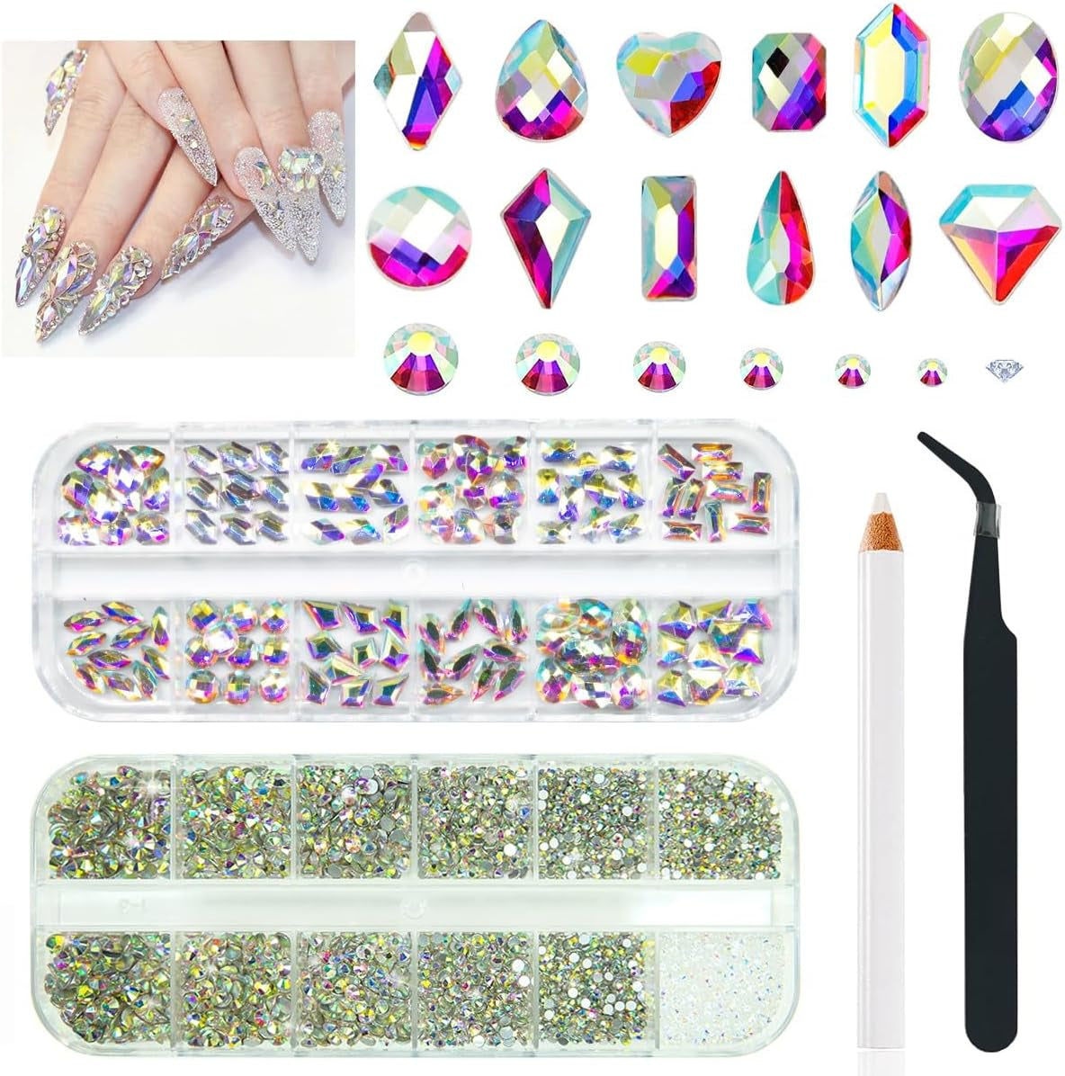 2630 piedras brillantes de cristal AB para uñas, 120 12 tipos de piedras brillantes grandes + 2510 6 tamaños de piedras redondas de cristal K9 para uñas, diamantes de imitación, diseños de uñas, dijes de uñas para arte facial