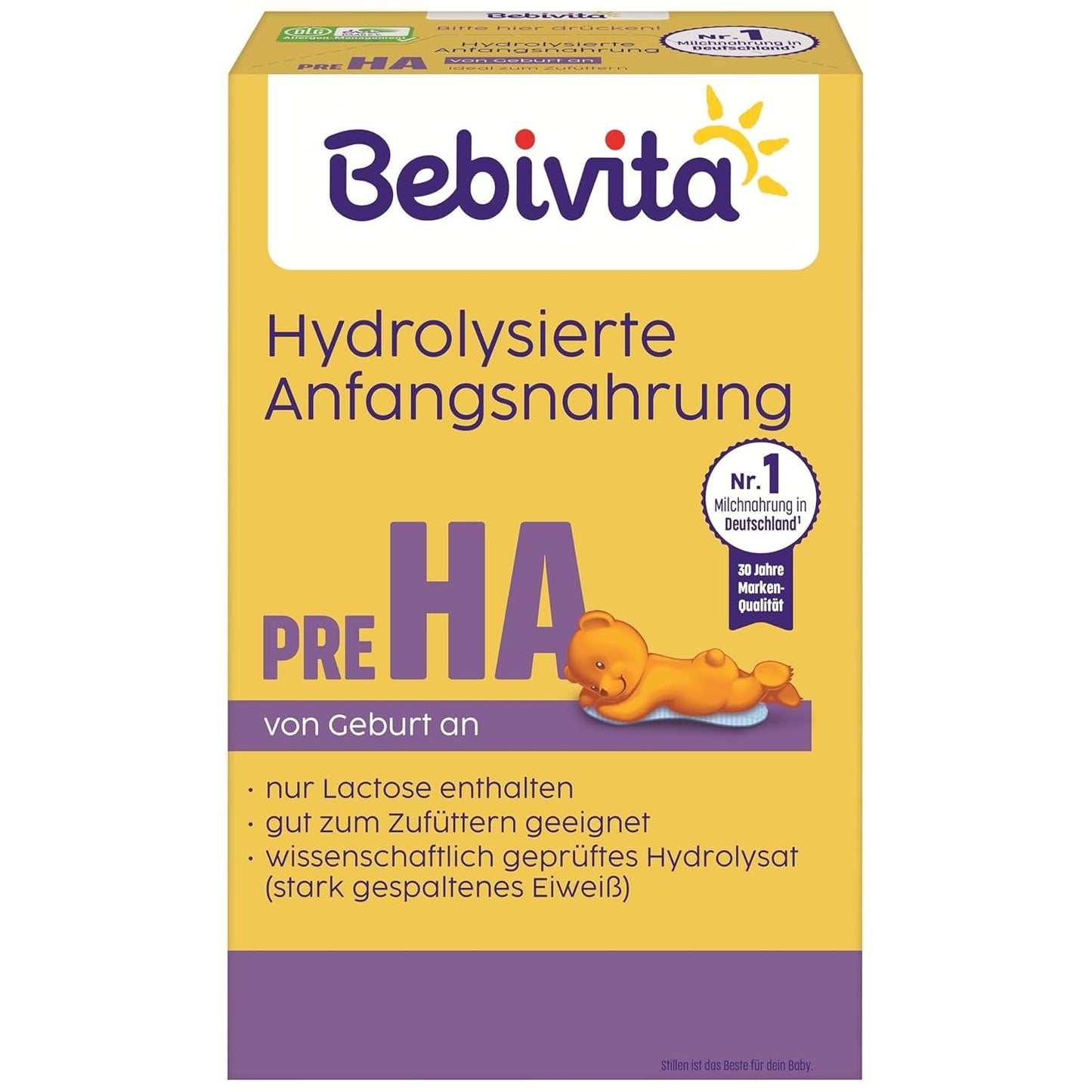 PRE HA (5 x 500 g), fórmula de leche en polvo hidrolizada desde el nacimiento, contiene únicamente lactosa como carbohidrato, adecuada para alimentación complementaria