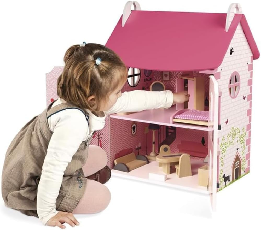 Janod Mademoiselle Casa de muñecas de madera de 3 pisos con 11 accesorios, réplica de juguete, desarrolla la imaginación, a partir de 3 años, J06581