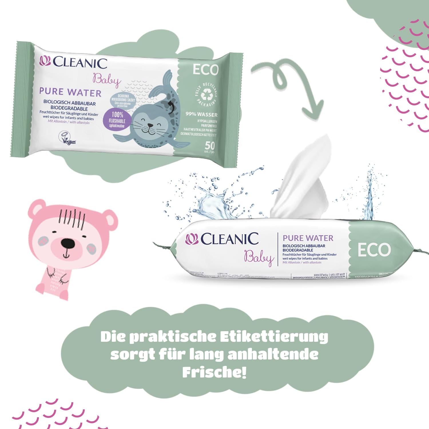 Toallitas húmedas Cleanic Baby Eco Pure Water - (1 x 50 uds.) Toallitas húmedas para niños y bebés - Piel sensible, sin fragancia, que se puede desechar - 50 uds.