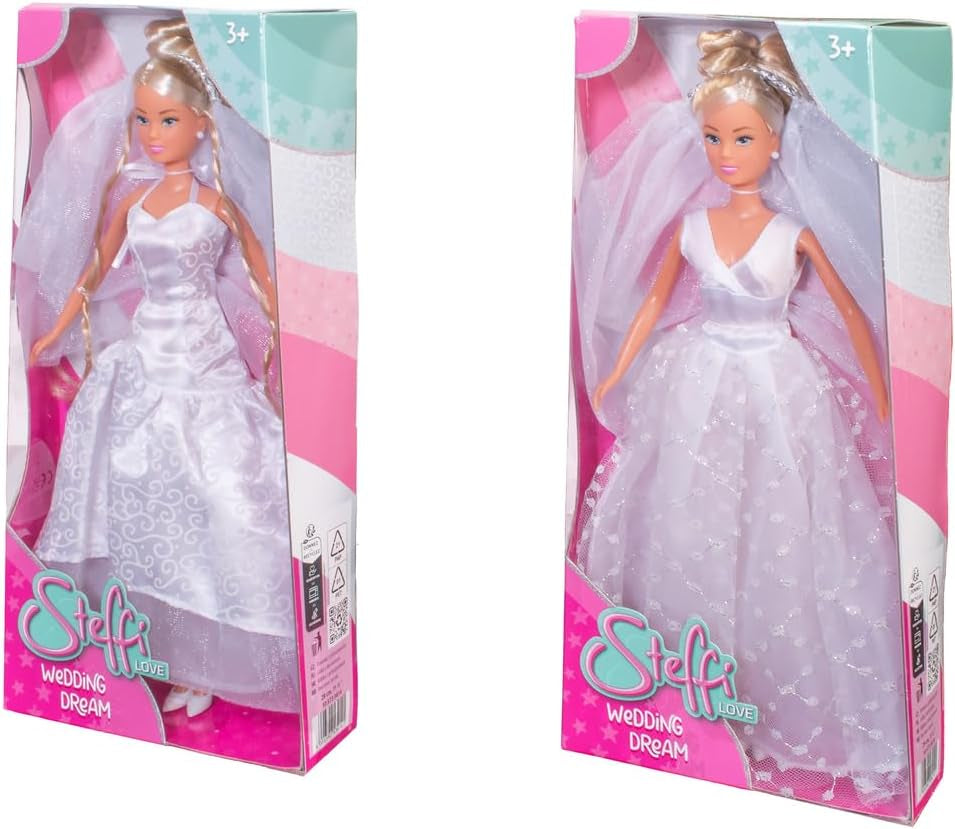 Simba 105733414 - Vestido de novia Steffi Love, 2 diseños surtidos, Solo se proporciona un artículo, Muñeca con un hermoso vestido de novia, 29 cm, Edad 3+